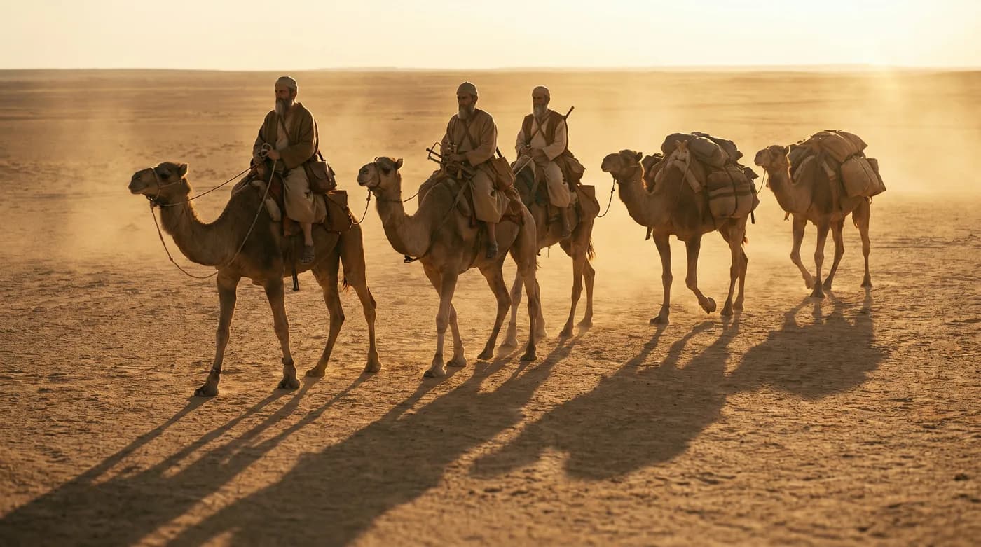A caravan of priests crossing the desert from Ur at dawn