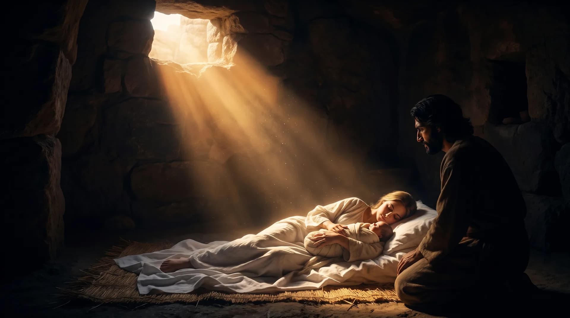The rock-cut stable at Bethlehem, a shaft of light falling on Mary and her newborn while Joseph keeps watch