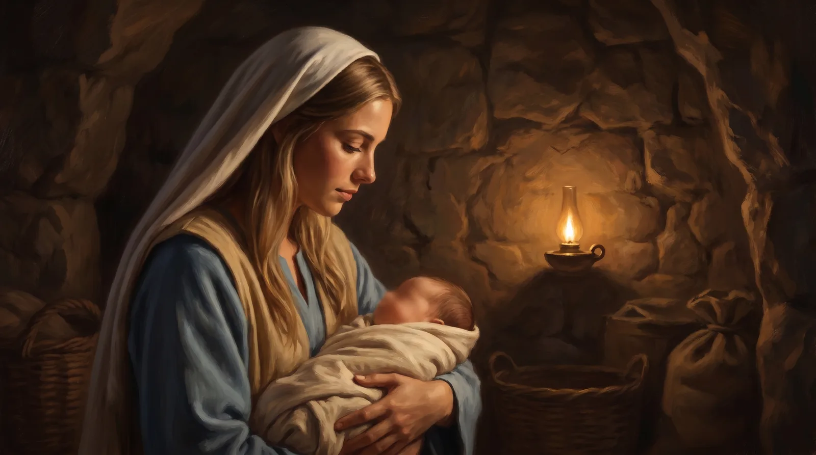 Mary cradling the newborn Jesus by lamplight in the rock-cut stable at Bethlehem