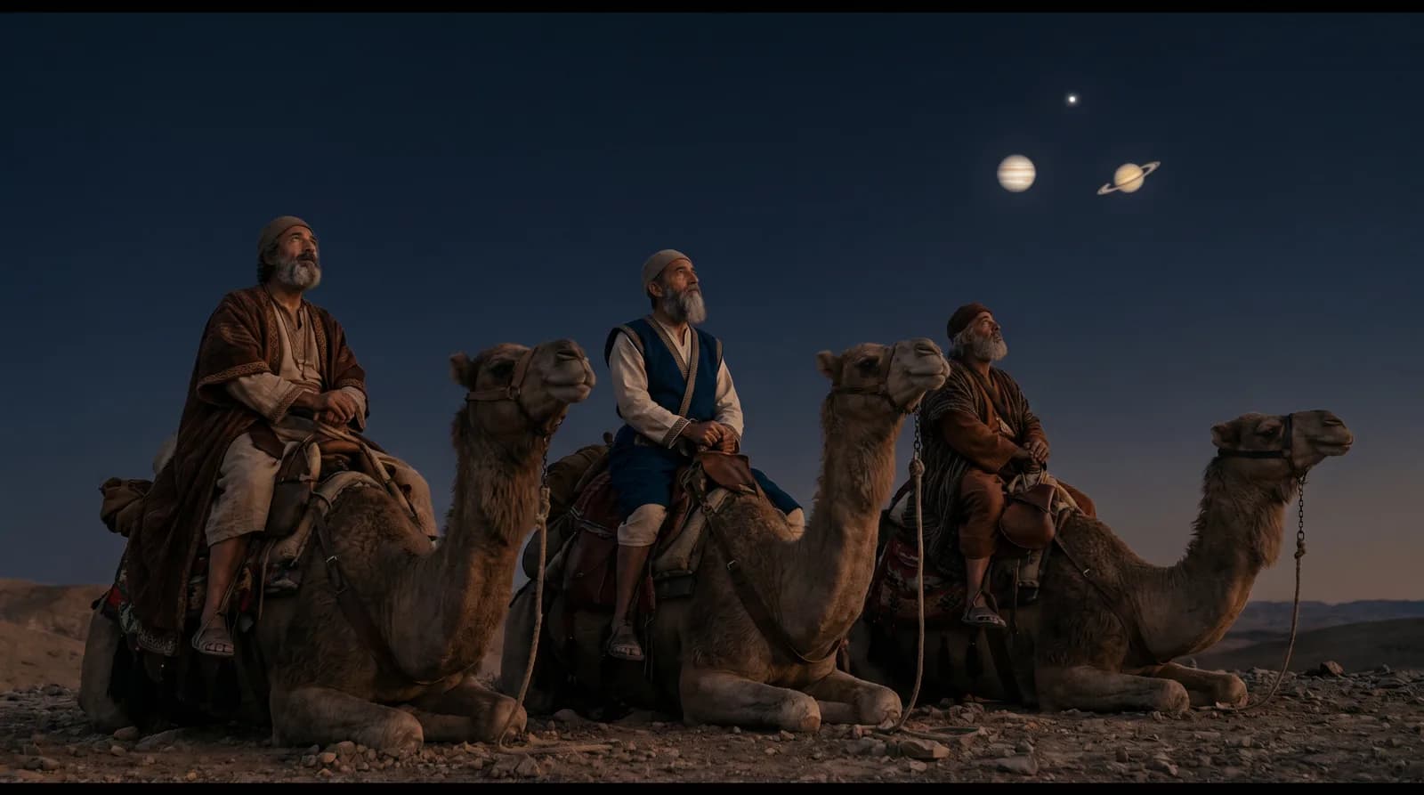 The actual record: three priests from Ur on camels beneath the real Jupiter and Saturn conjunction
