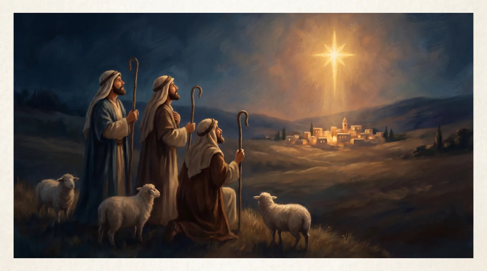 The traditional nativity: shepherds in the fields beneath the Star of Bethlehem