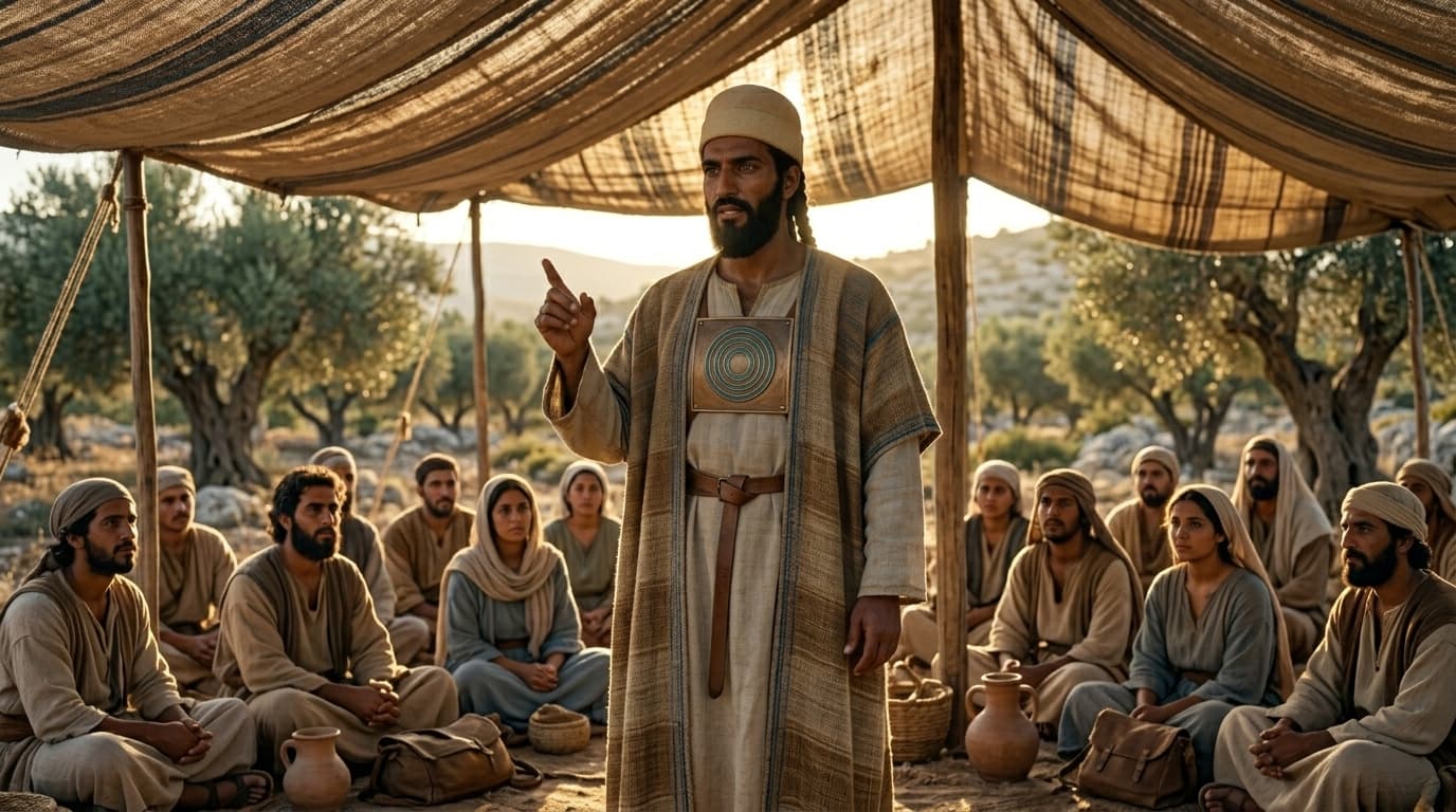 Machiventa Melchizedek, the Sage of Salem, raising a hand in blessing before the ancient town of Salem
