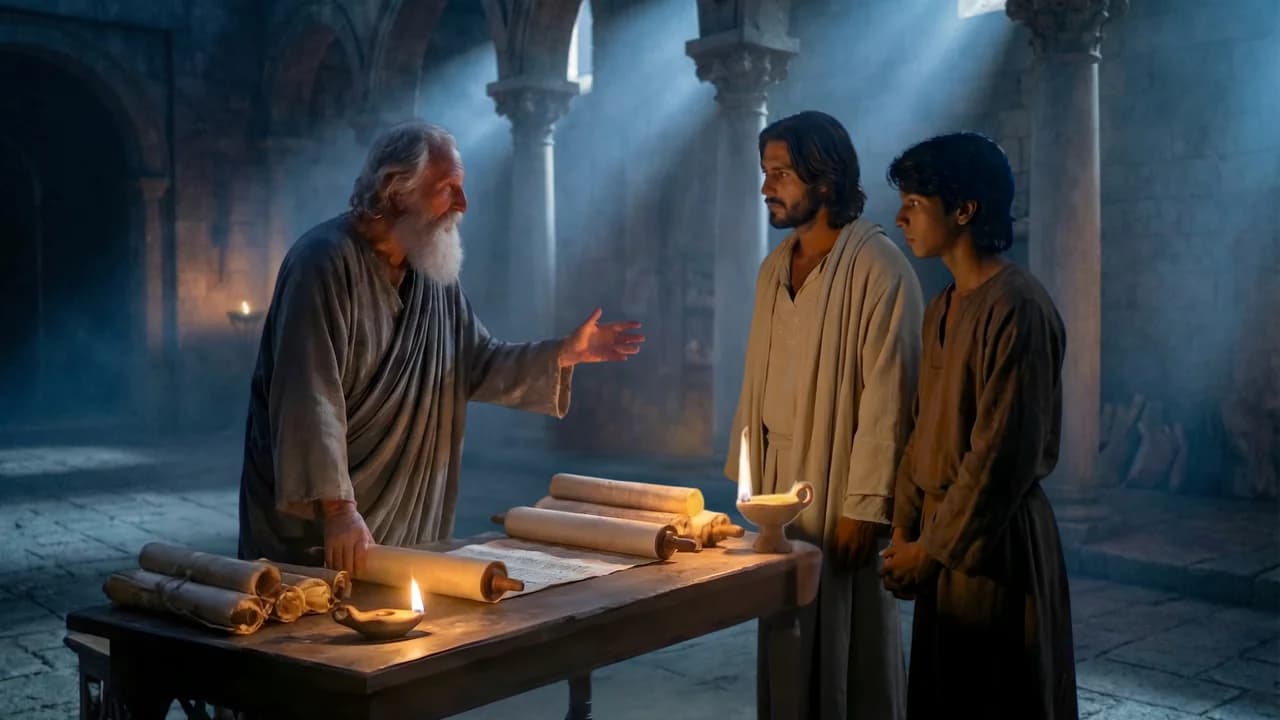 Jesus and Ganid before a philosopher at a lamplit table of scrolls in Alexandria