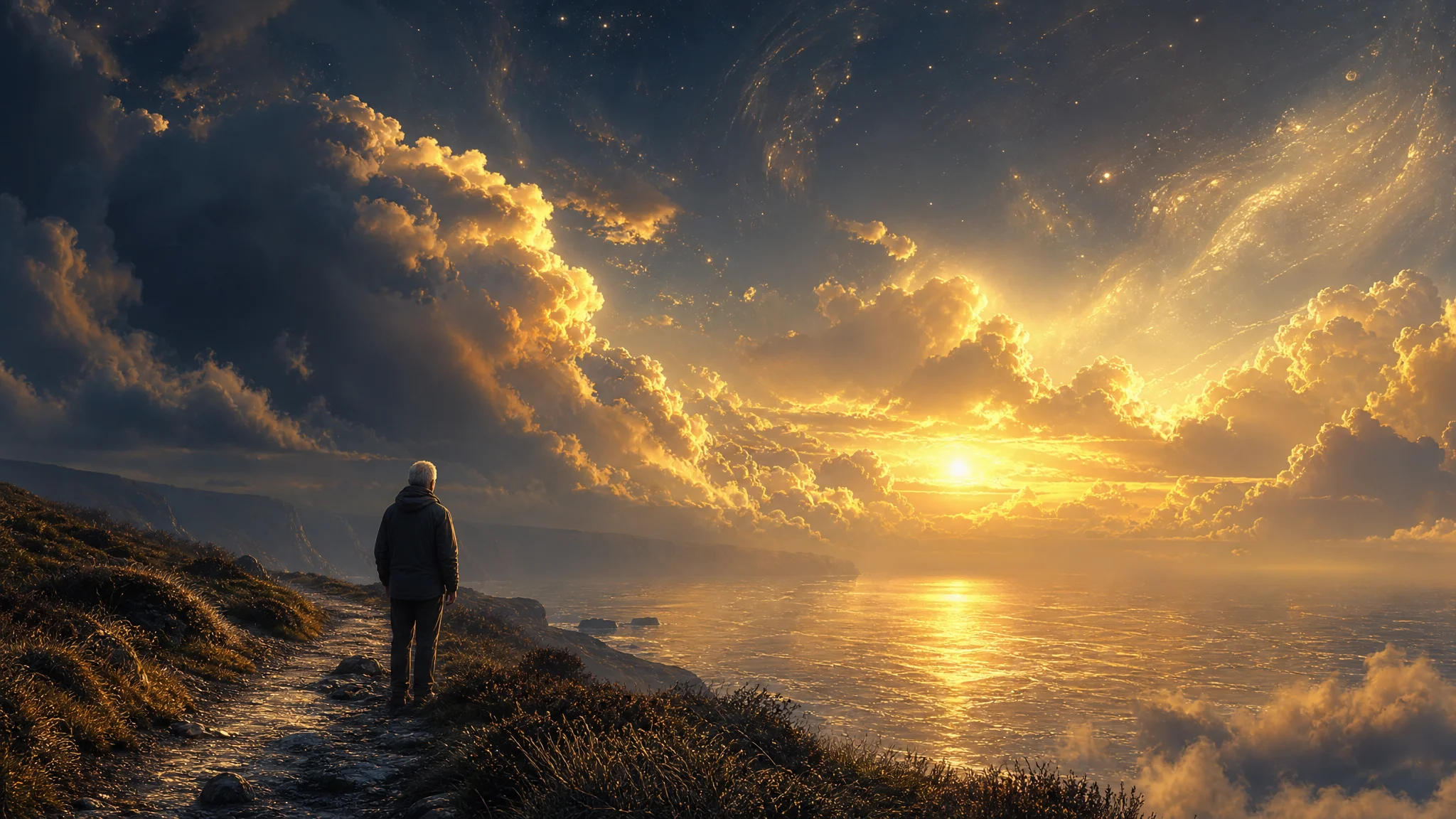 A walker pausing on a coastal cliff path at dawn beneath an immense glowing sky, an artist's rendering