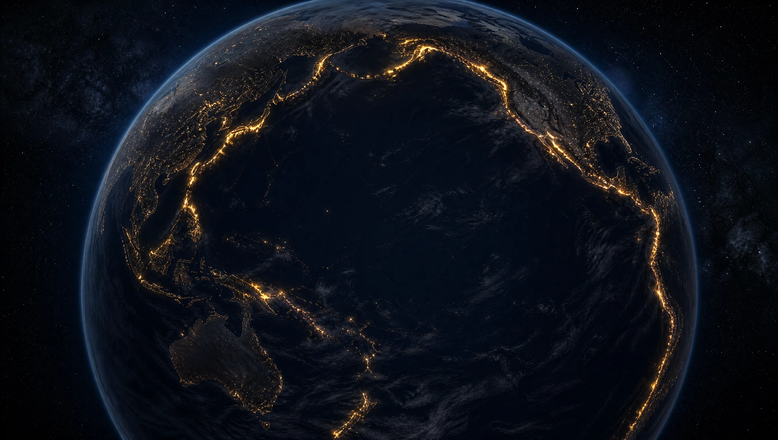 The Pacific rim glowing with a chain of volcanic light seen from orbit at night, an artist's rendering of the Ring of Fire