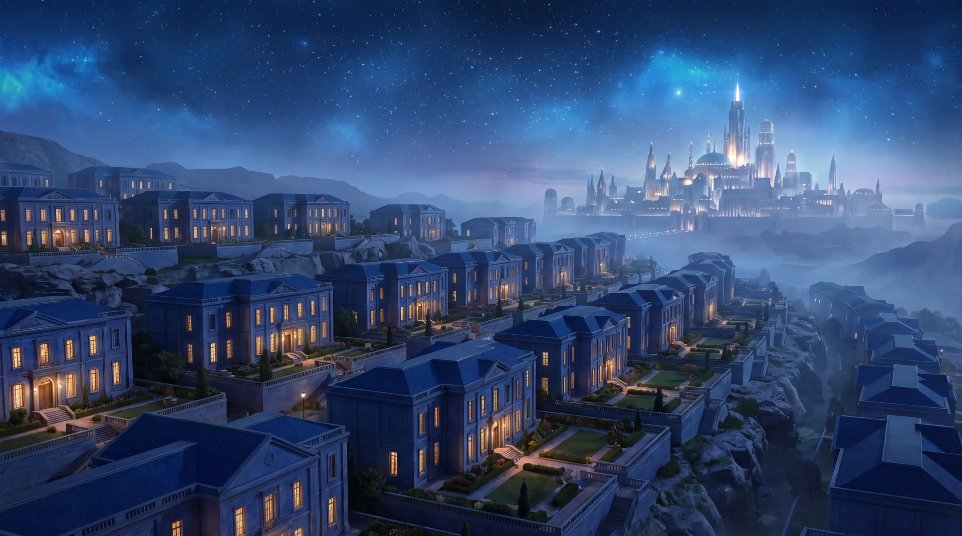 Ordered rows of stately terraced houses with warm gold lit windows on a deep blue hillside at night, set apart from a luminous spired city glowing on the horizon under a star filled sky
