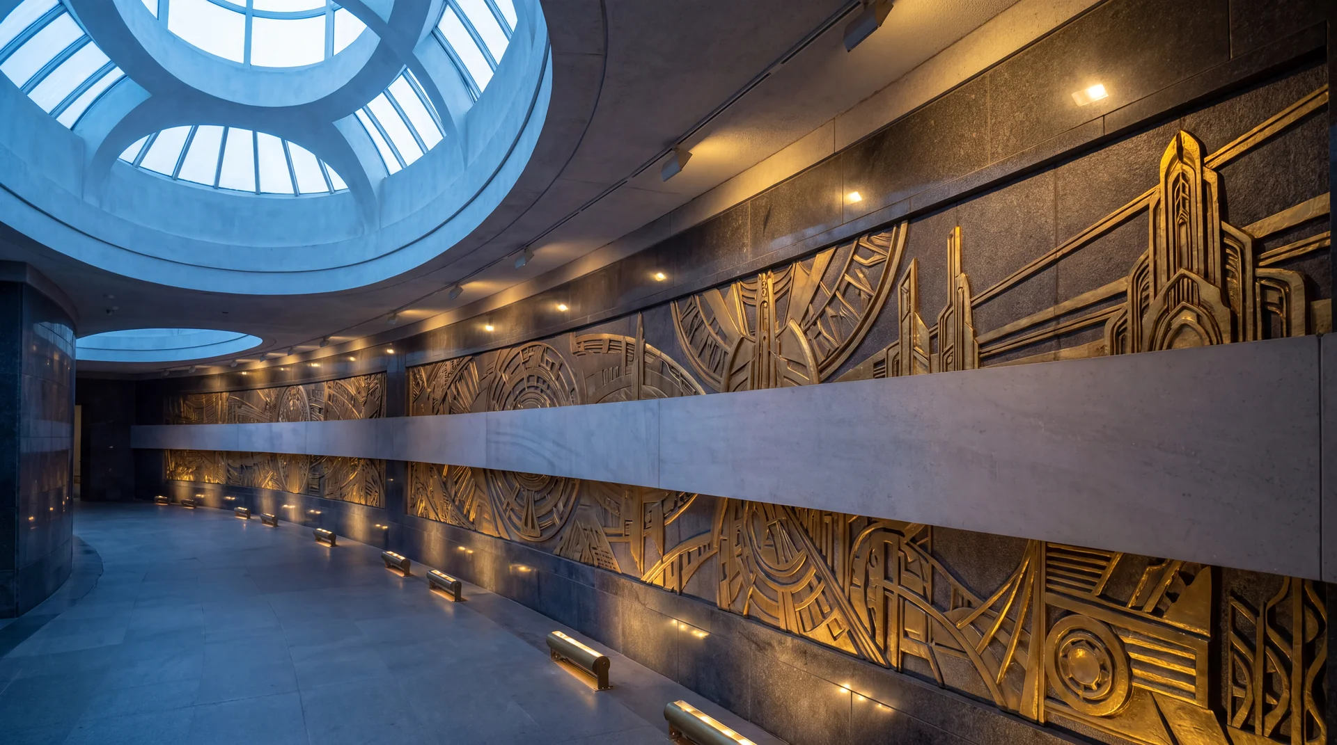A vast curving hall lit from a domed skylight, its wall covered in intricate golden bas-relief panels, interrupted by a long blank band of bare smooth stone running the length of the mural