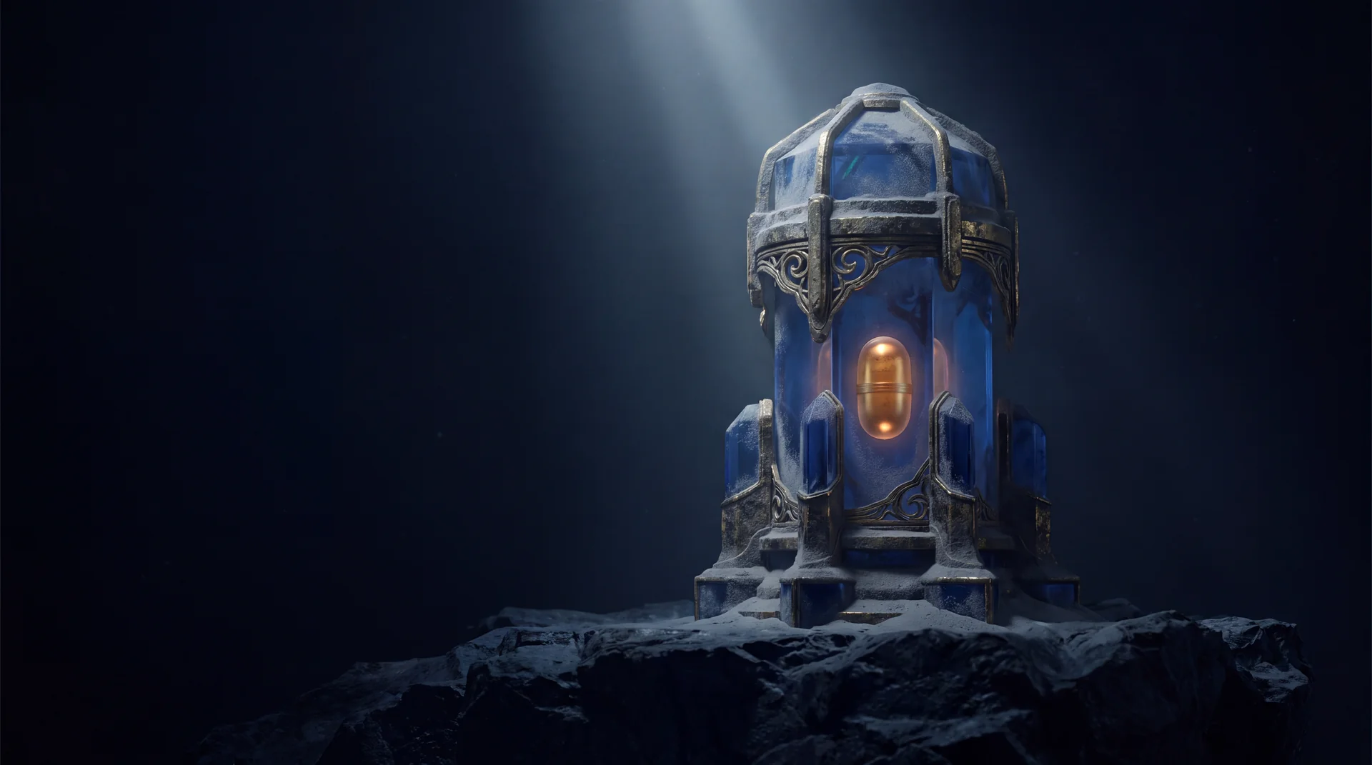 A solitary crystalline relay transmitter of blue crystal and tarnished gold standing on bare rock in darkness, a single sealed message glowing warm gold within its housing, one shaft of pale light falling from above