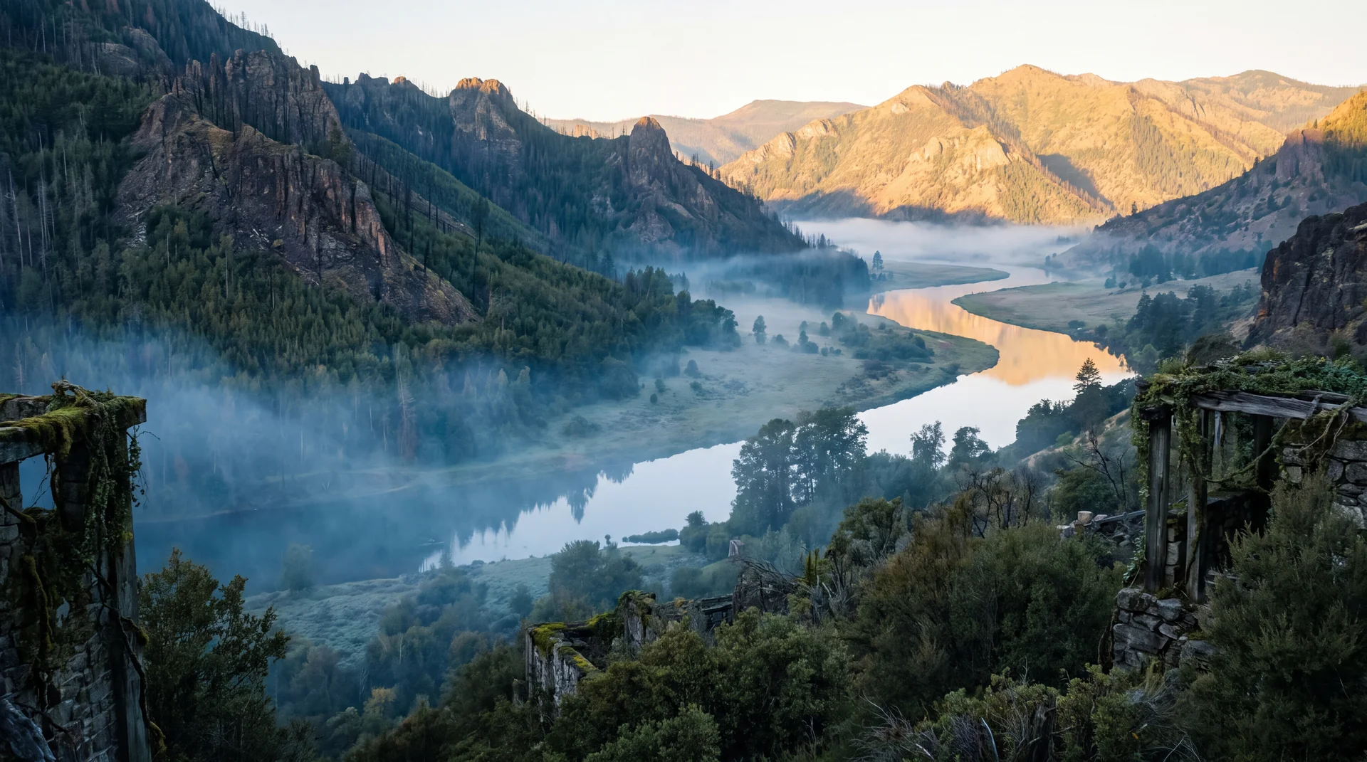 A wide valley at first light long after a catastrophe, old scorched ridges softened by centuries of new green growth, a quiet river threading through the low ground, cold blue mist below and gold sun striking the far slopes, no people