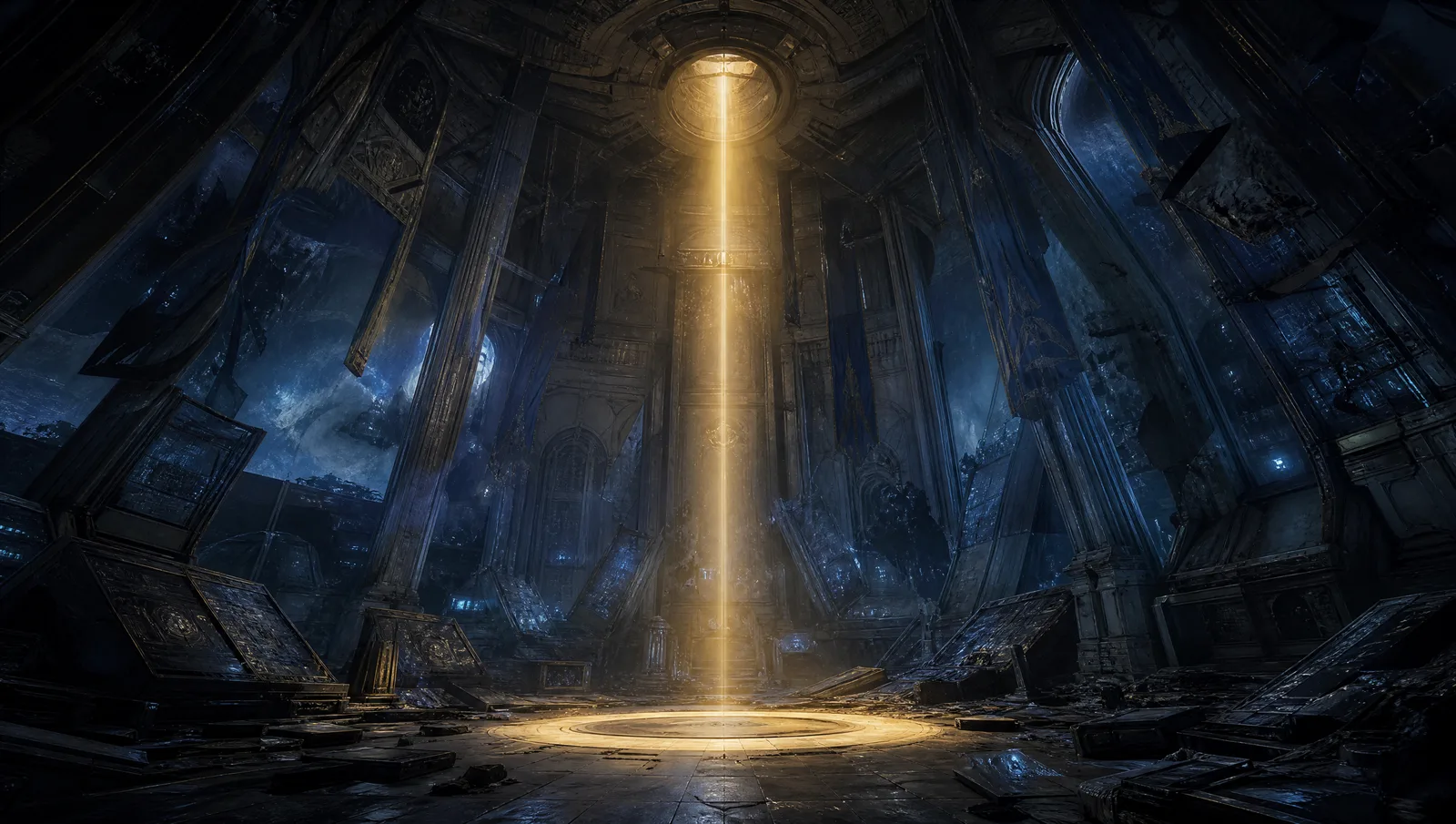 A tall vaulted command hall of pale stone thrown into disorder, cold blue light flickering across empty and abandoned stations, and at its exact center one figure standing calm and unmoved while the whole room seems to tilt around them, a single shaft of warm gold light falling only on that one still point