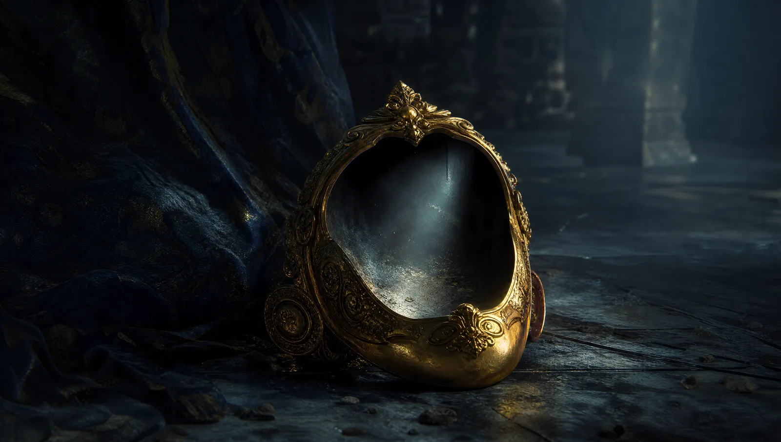 A single ornate ceremonial mask lying face up and hollow on a dark stone floor, richly gilded on the outside and completely empty within, one thin shaft of cold light falling into the vacant space where a face should be