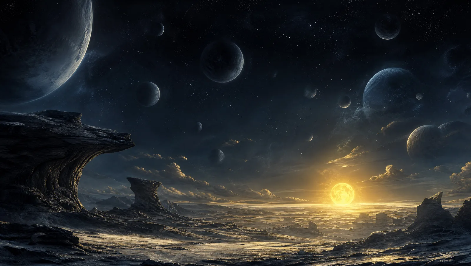 A wide field of many dark planetary spheres hanging in deep blue space, all of them dimmed and shadowed, except one small world low in the frame lit warm gold from within, a single steady light among the darkened many