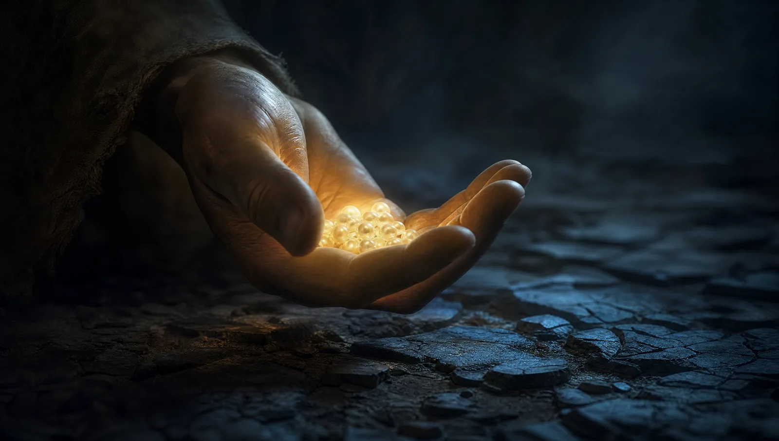 An open hand held above rough trampled ground, a scatter of small luminous pearls resting on the palm, cold blue shadow below and warm gold light on the pearls, the hand quietly drawing back rather than opening