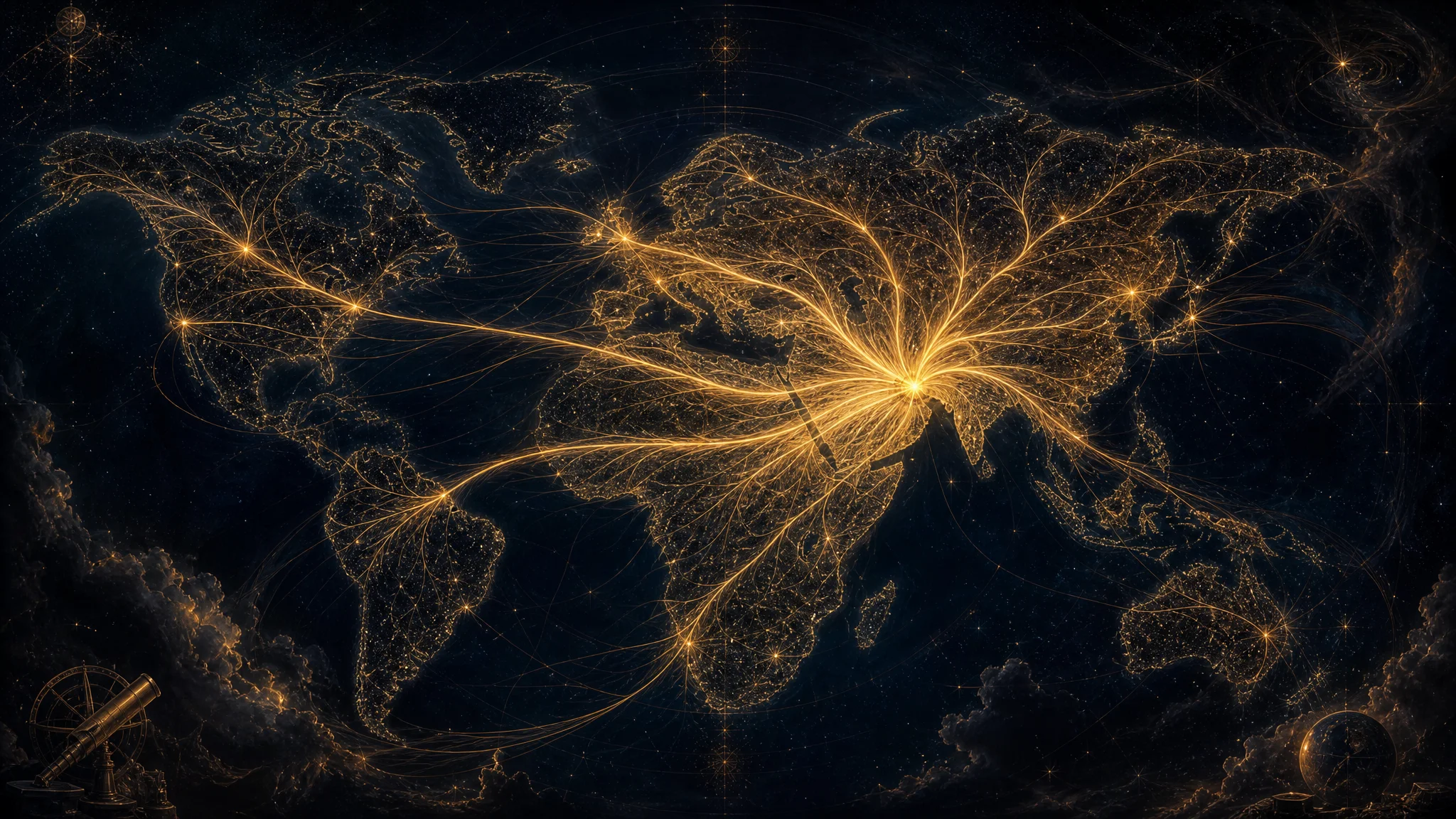 Golden threads of light spreading from Mesopotamia across a world map made of stars, an artist's rendering of a widely shared inheritance