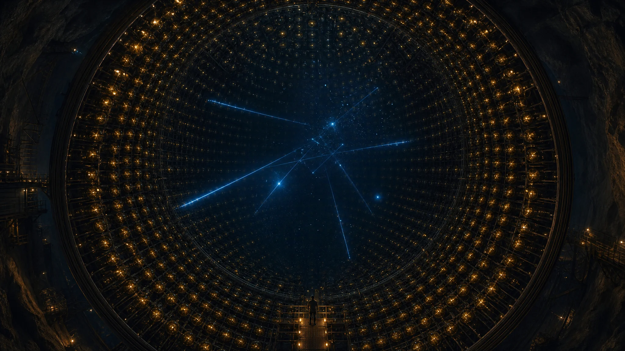 An artist's rendering of a vast underground neutrino observatory, golden sensor orbs surrounding faint particle tracks in darkness