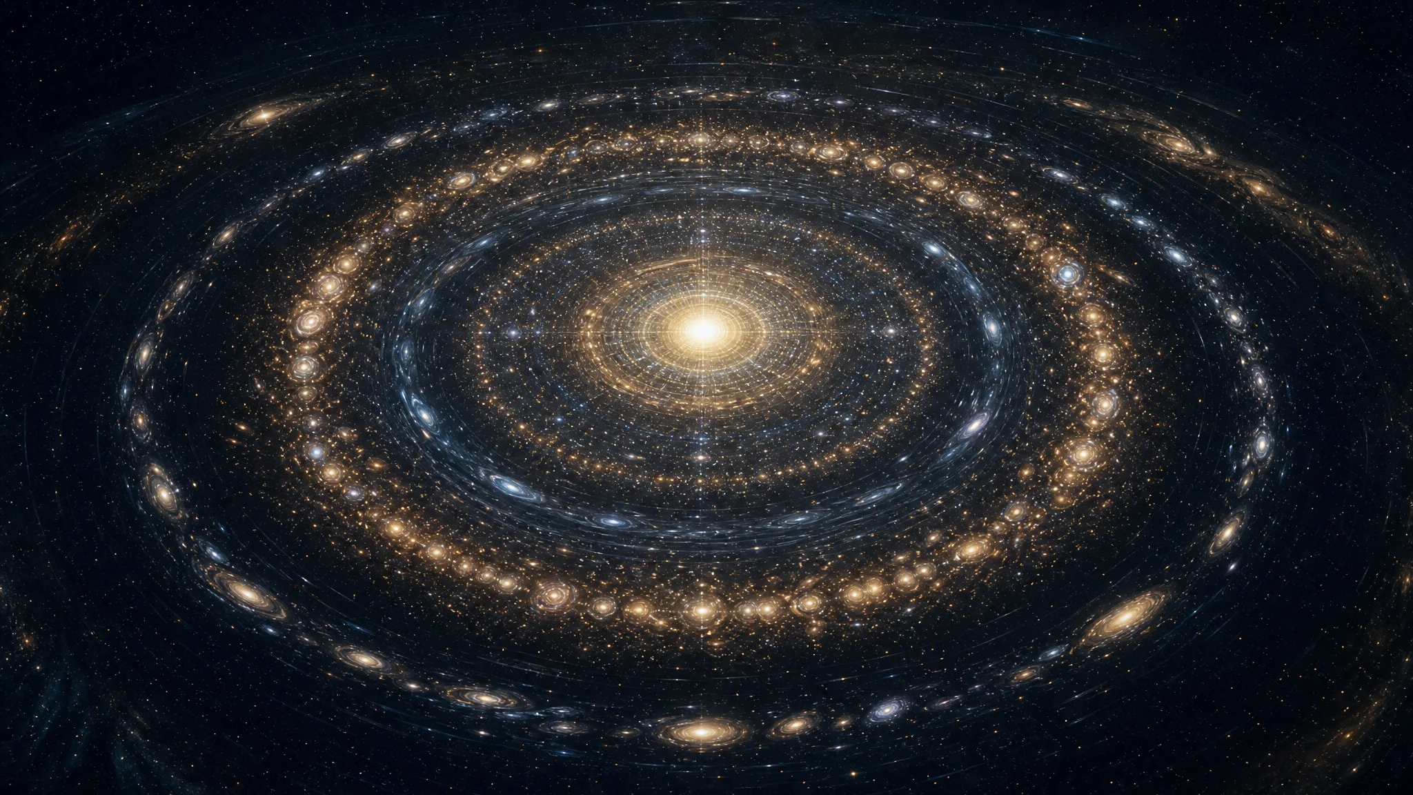 Concentric rings of galaxies flowing in alternating directions around a brilliant center, an artist's rendering