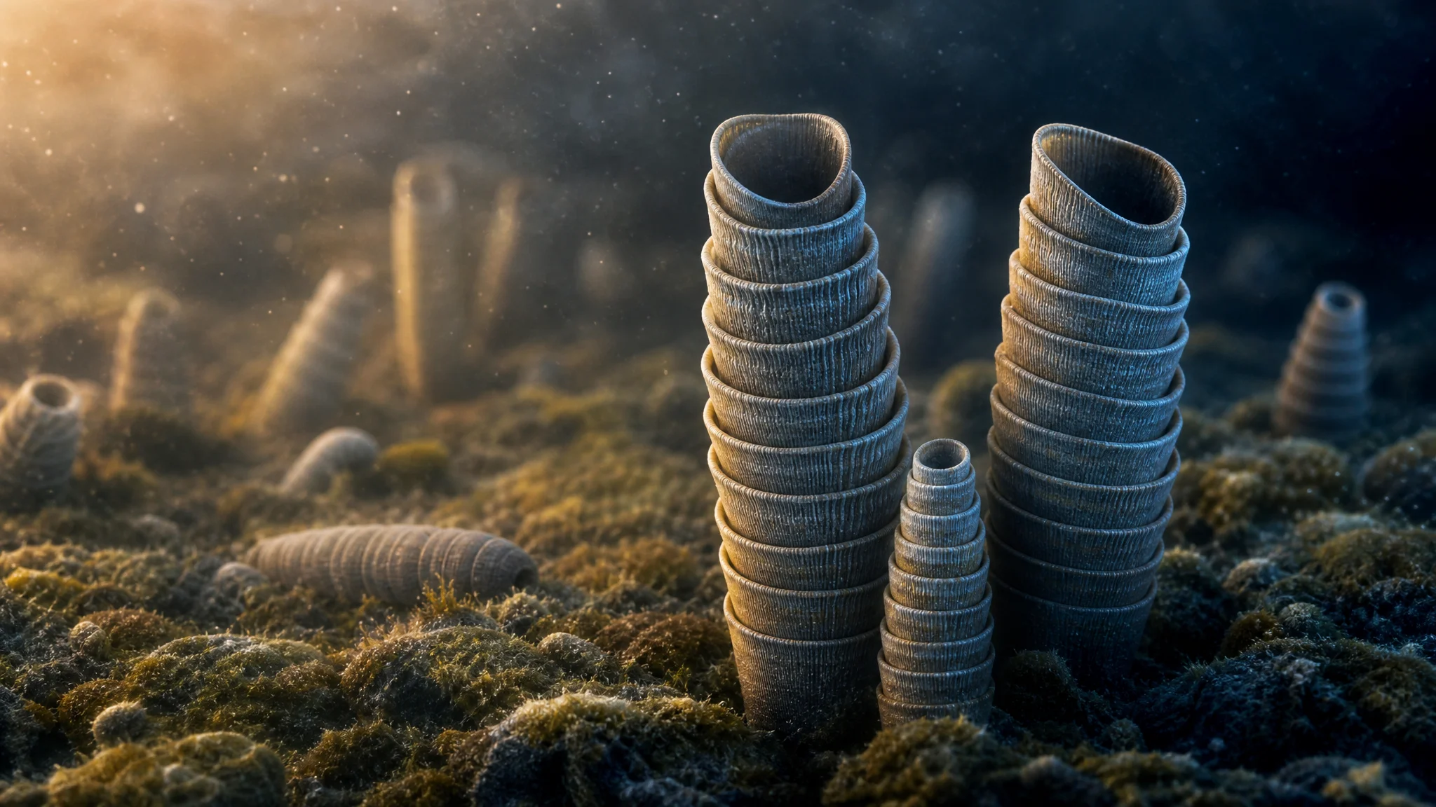 An artist's reconstruction of Cloudina, the first shelled animals, small stacked cone shells on a sea floor 550 million years ago