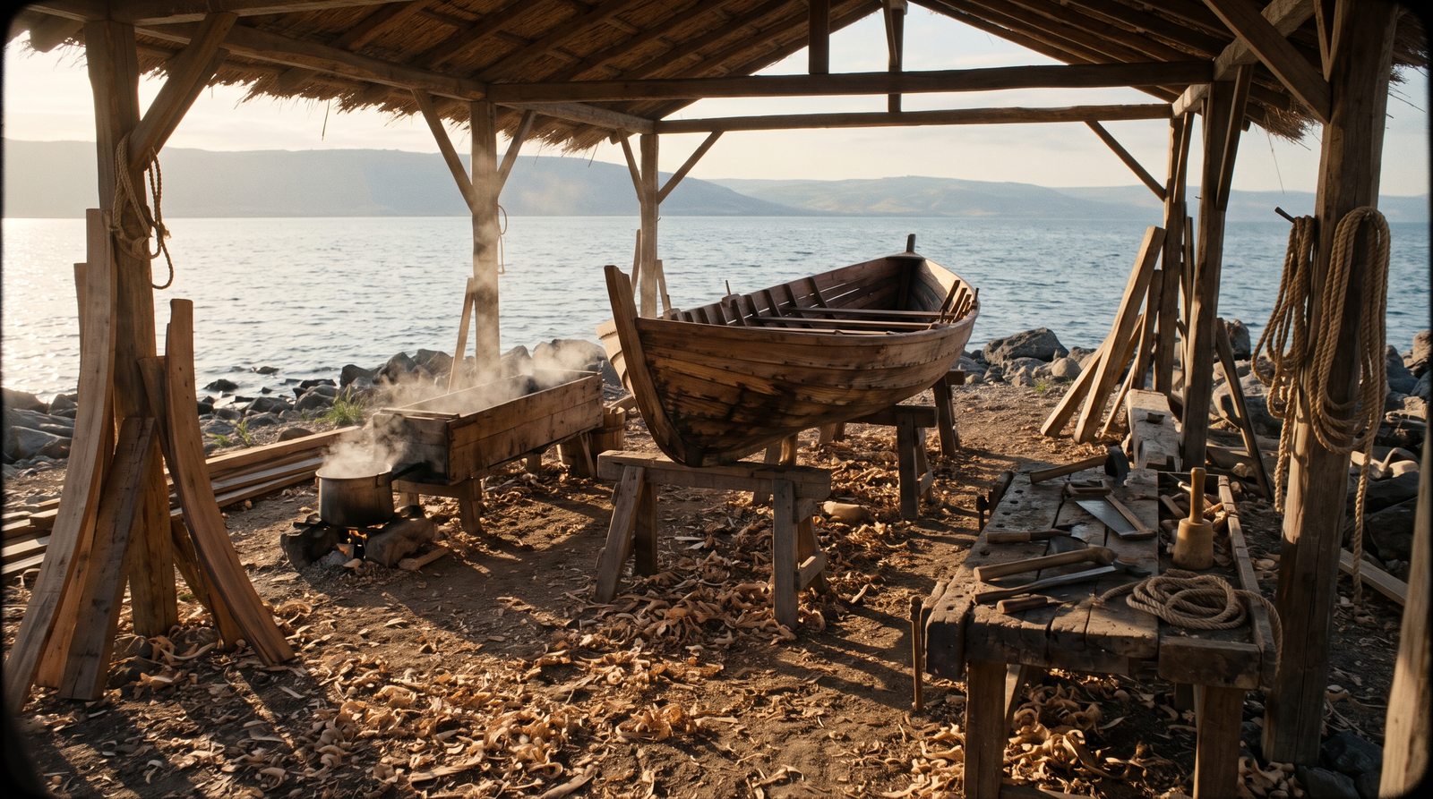 A lakeside boat shop with a wooden fishing boat on trestles and a steaming wooden steam box, the Sea of Galilee beyond