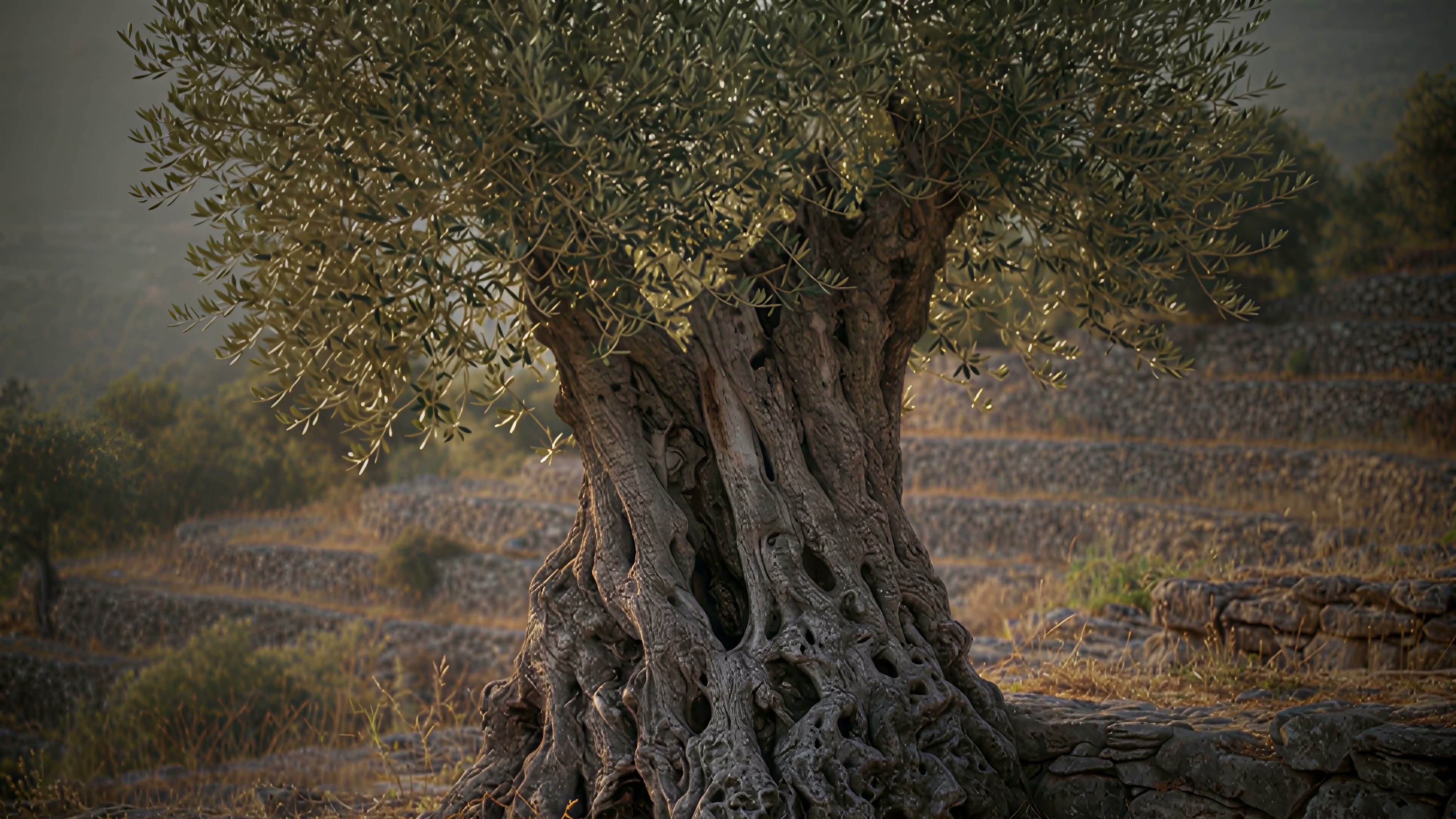 A vast ancient olive tree at golden hour, its trunk gnarled and its canopy lit from behind